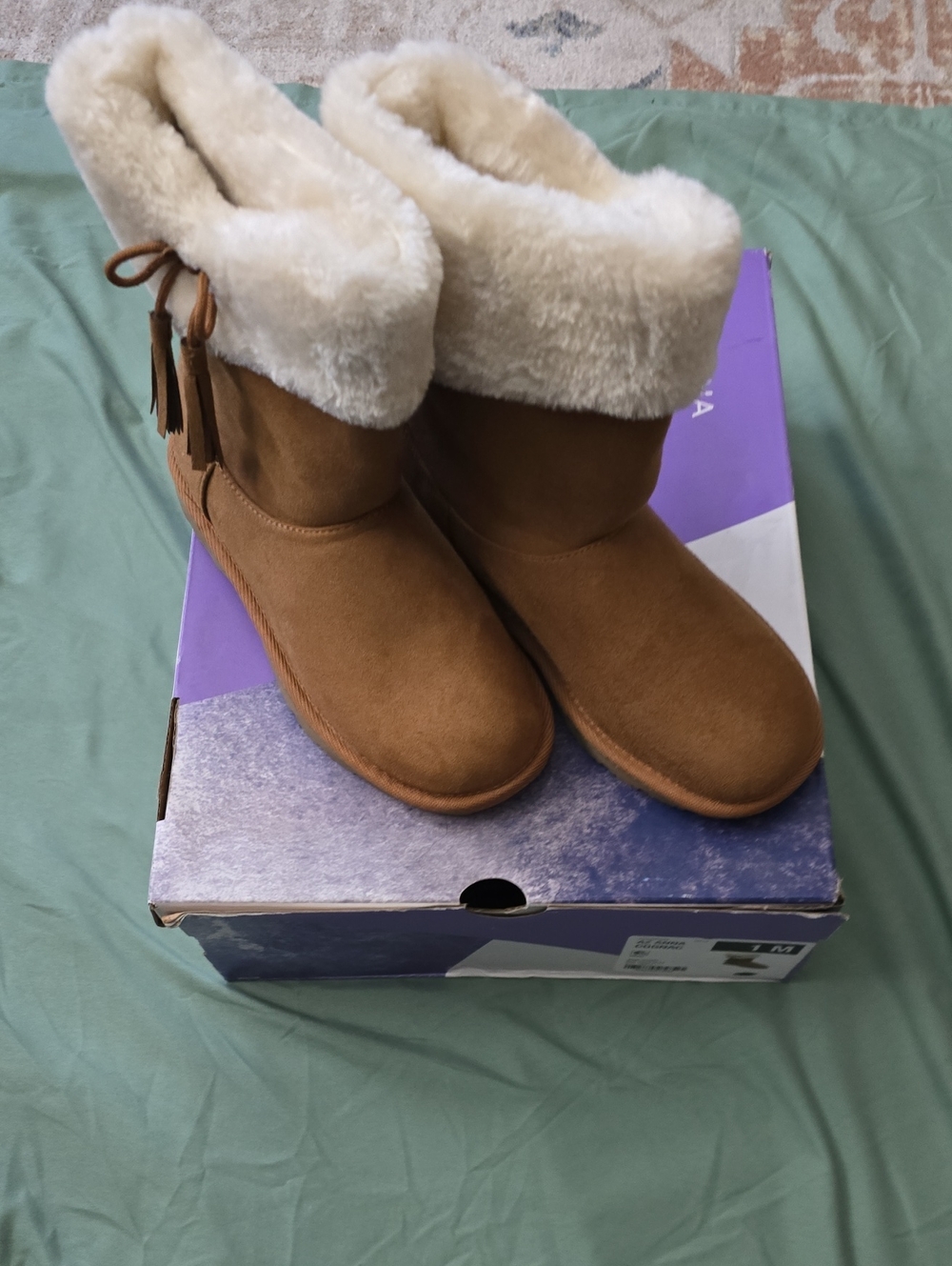 Arizona Jean Company Tan Faux-Suede Winter Boots with Cream Faux-Fur Cuff